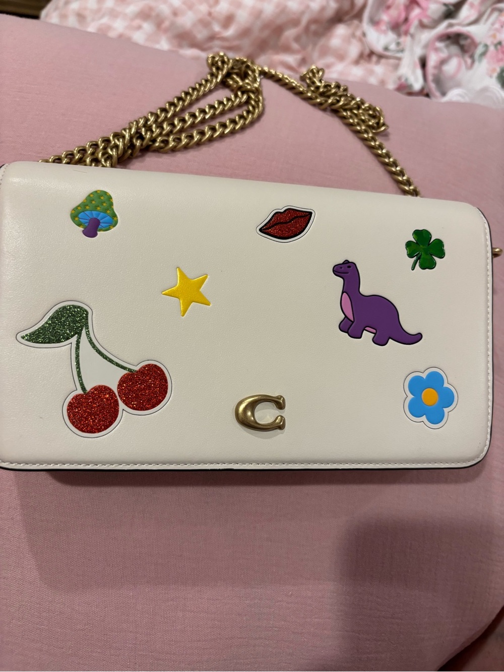 Coach White Leather Sticker Motif Chain Shoulder Bag
